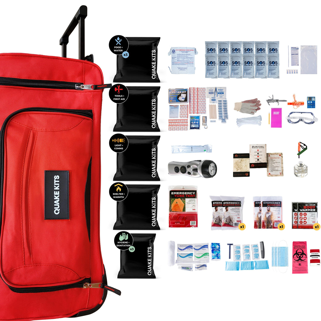 3 person 3 day survival kit in "ready for anything" red wheel bag. 