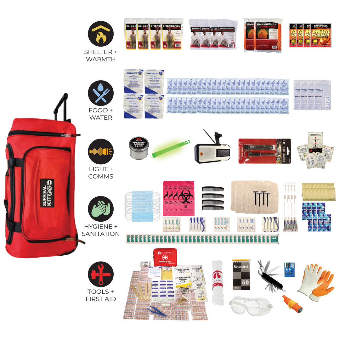 4 person 72 hour survival kit, the completely prepared line by Quake Kits with food, shelter, warmth and survival supplies including NOAA weather radio with solar and dynamo charging. #kit-4-3