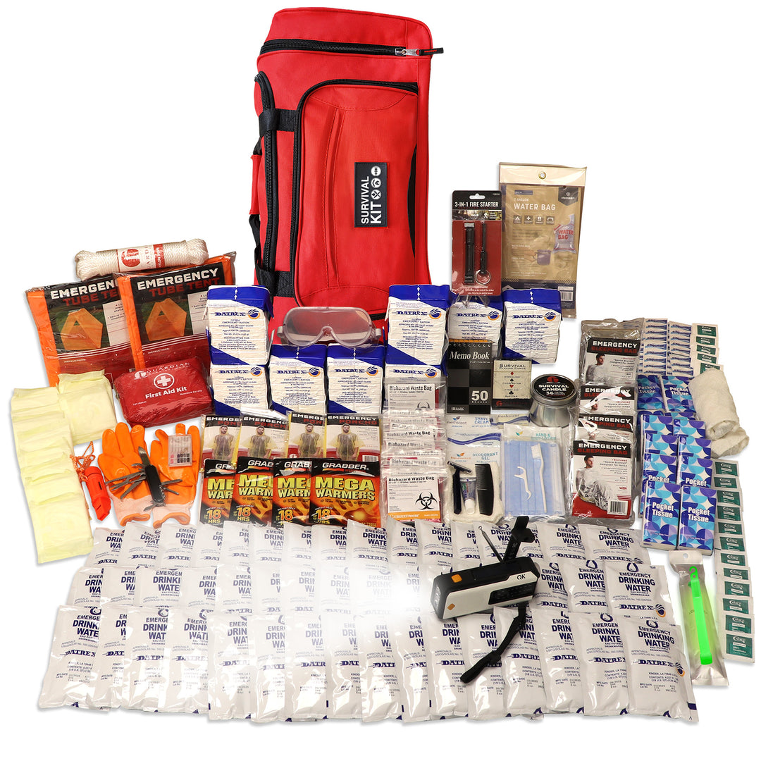 4 person 7 day survival kit with enough food and water supplies to last a family of 4 up to 1 week in red wheel bag with telescoping handle for easy transport. #kit-4-7