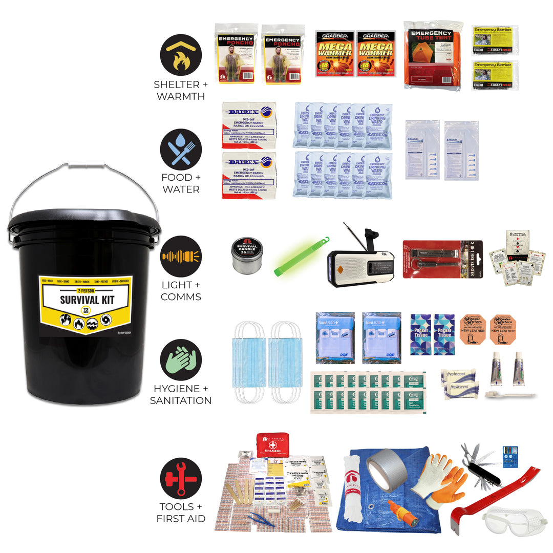breakdown of 2 person office bucket survival kit with toilet lid #kit-1