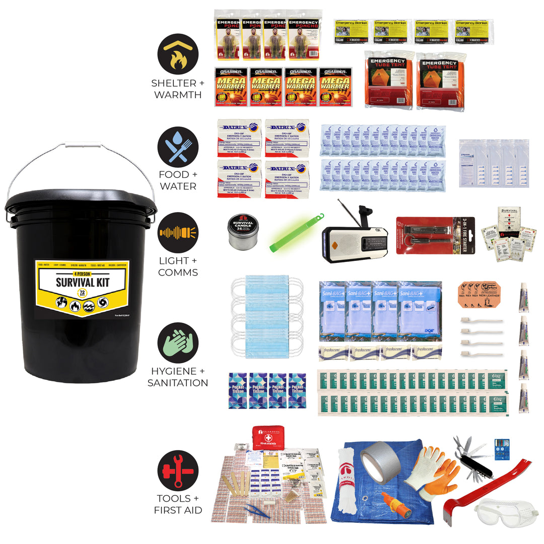 4 person bucket survival kit for home, school, and office emergencies. 5 gallon bucket with toilet seat lid. #kit-2