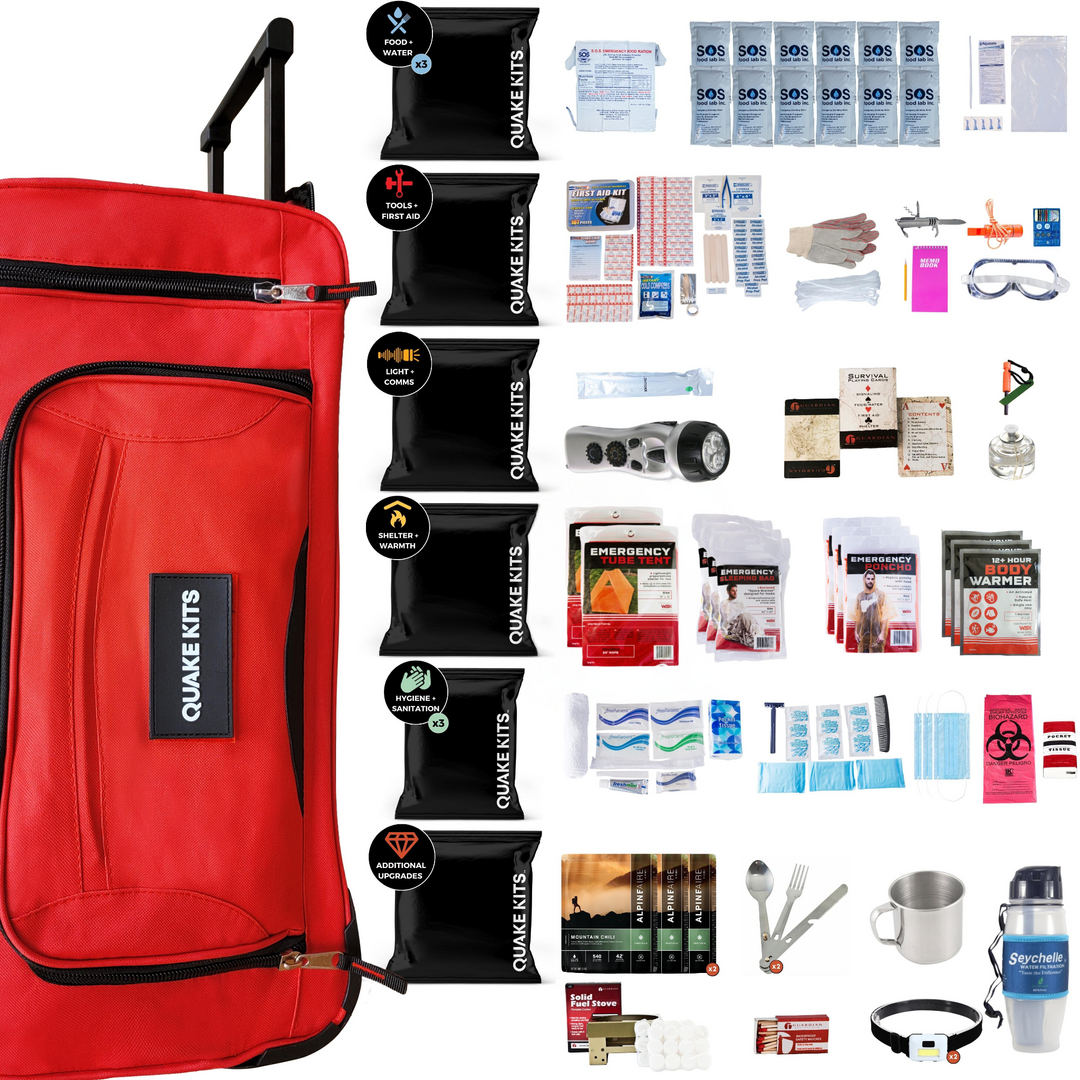 Family emergency survival kit with food and supplies to last 1 week. Contains all the emergency essentials displayed around bag. 