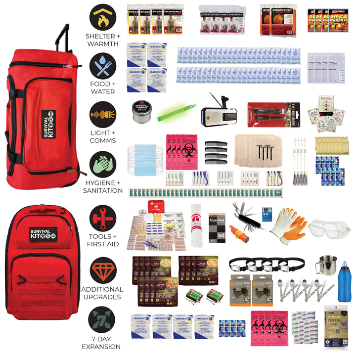 Four person 1 week survival kit with NOAA radio, collapsible water filtration bottle, freeze dried food and other survival tools and first aid #kit-4-7