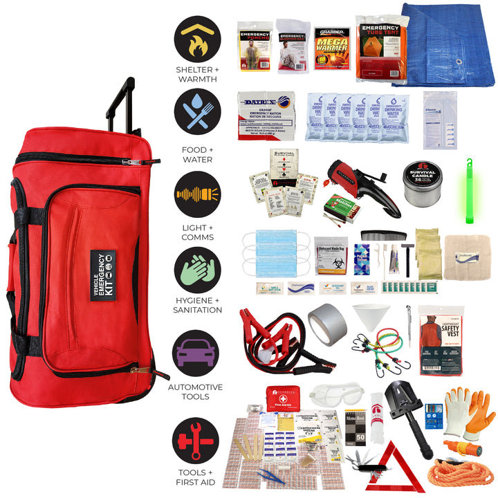 Red vehicle emergency kit with various supplies on a white background #kit-3