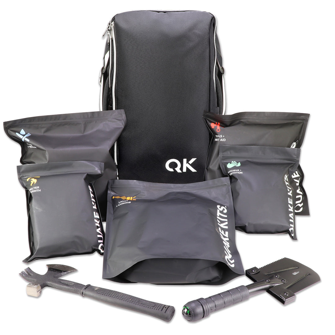 The Urban Survival Kit by Quake Kits. The ultimate stealth black city survival kit with food and self defense. 