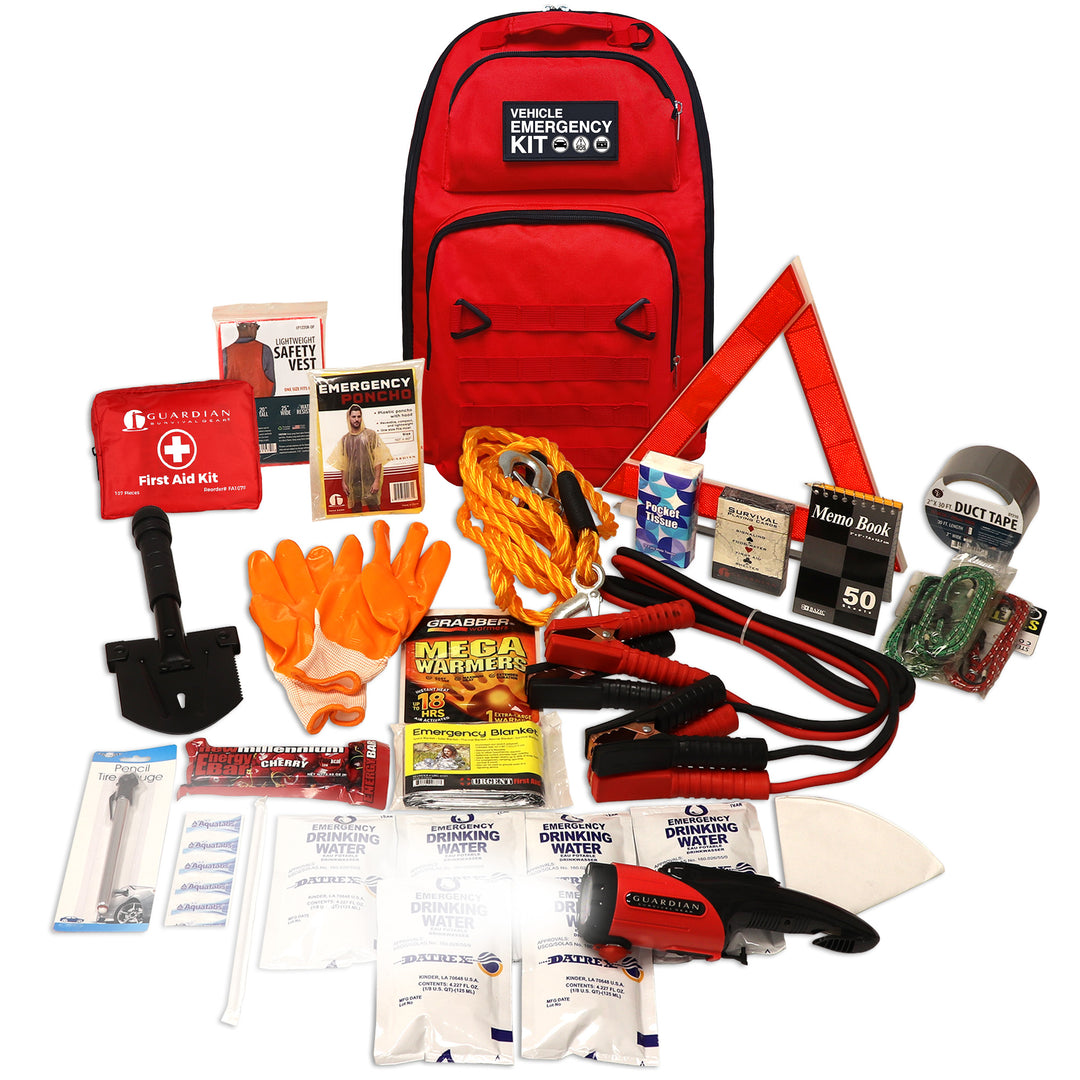 Collection of vehicle emergency kit items including a red backpack, gloves, blankets, and tools on a white background. #kit-2