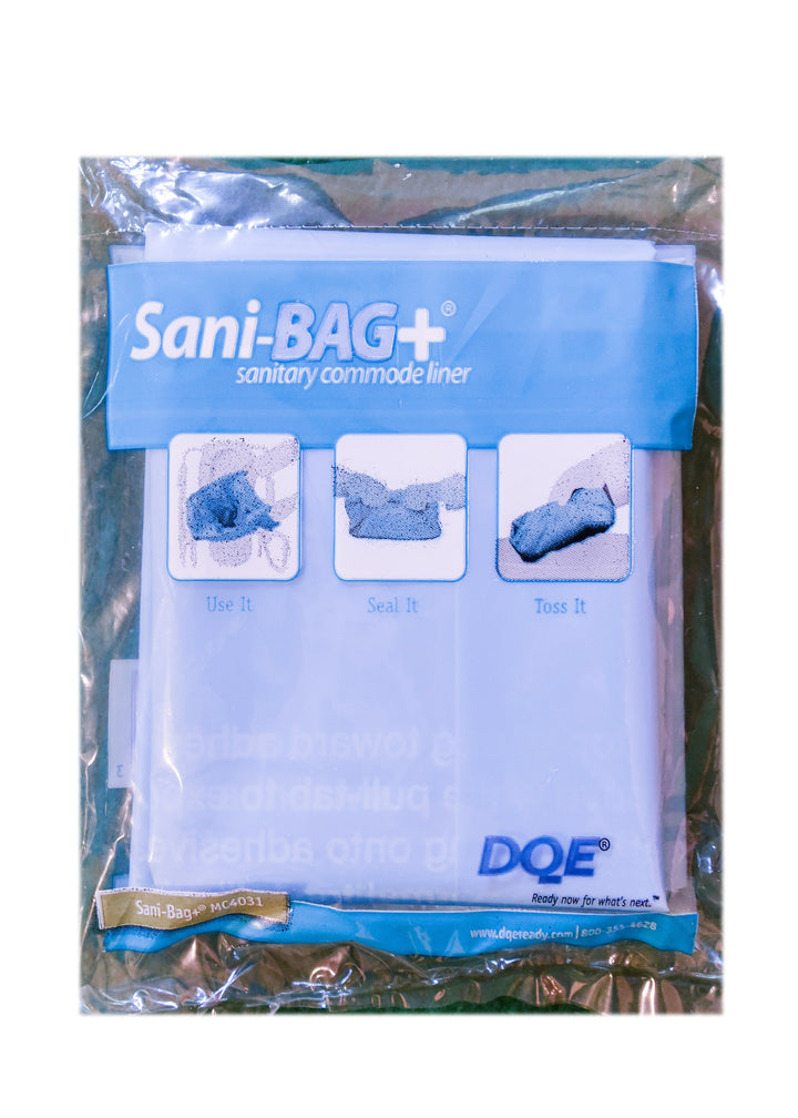 Sani-BAG+ sanitary commode liner packaging with DQE branding