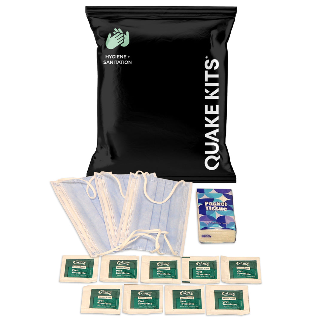 A black QuakeKits hygiene and sanitation emergency supply bag shown with included supplies on a white background, including face masks, hand sanitizer, toilet paper, and small packet items.