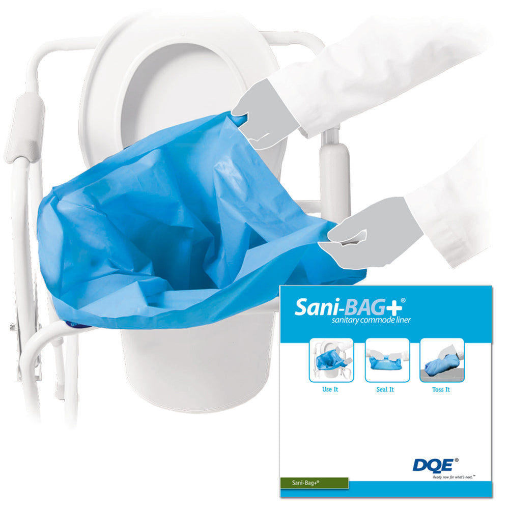 Sani-BAG+ sanitary commode liner with packaging on a white background