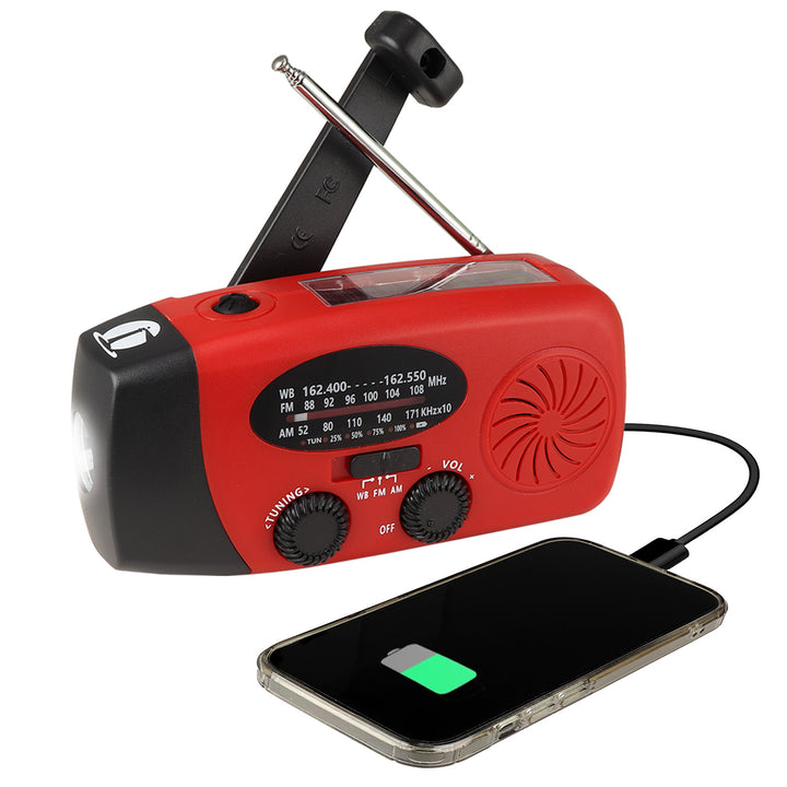 Cell phone charging survival NOAA radio tool and flashlight. 
