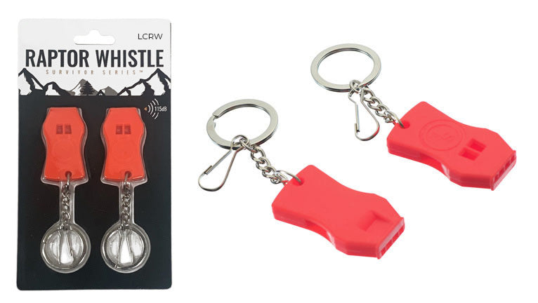 Red  Raptor ICE whistle keychain with packaging on a white background