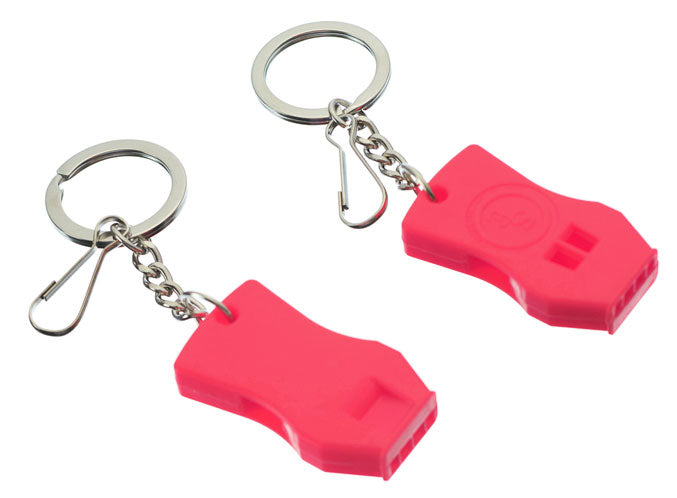 Two orange ICE alert keychain whistles with metal keychains on a white background