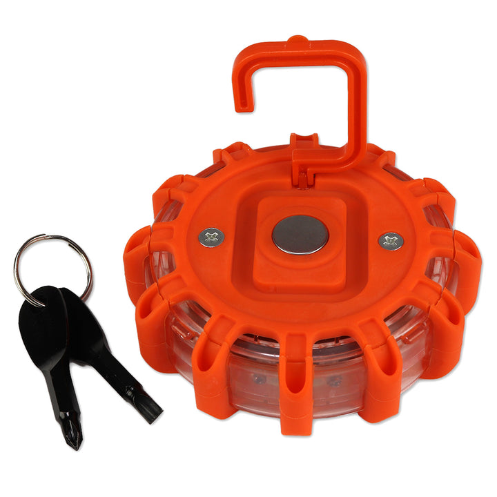 Bright LED emergency light with a hook for hanging and a magnet for attaching to vehicles during breakdowns or power outages affecting visibility