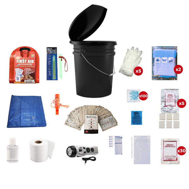 Deluxe classroom lockdown kit. Classroom survival kit with toilet seat and emergency lockdown supplies