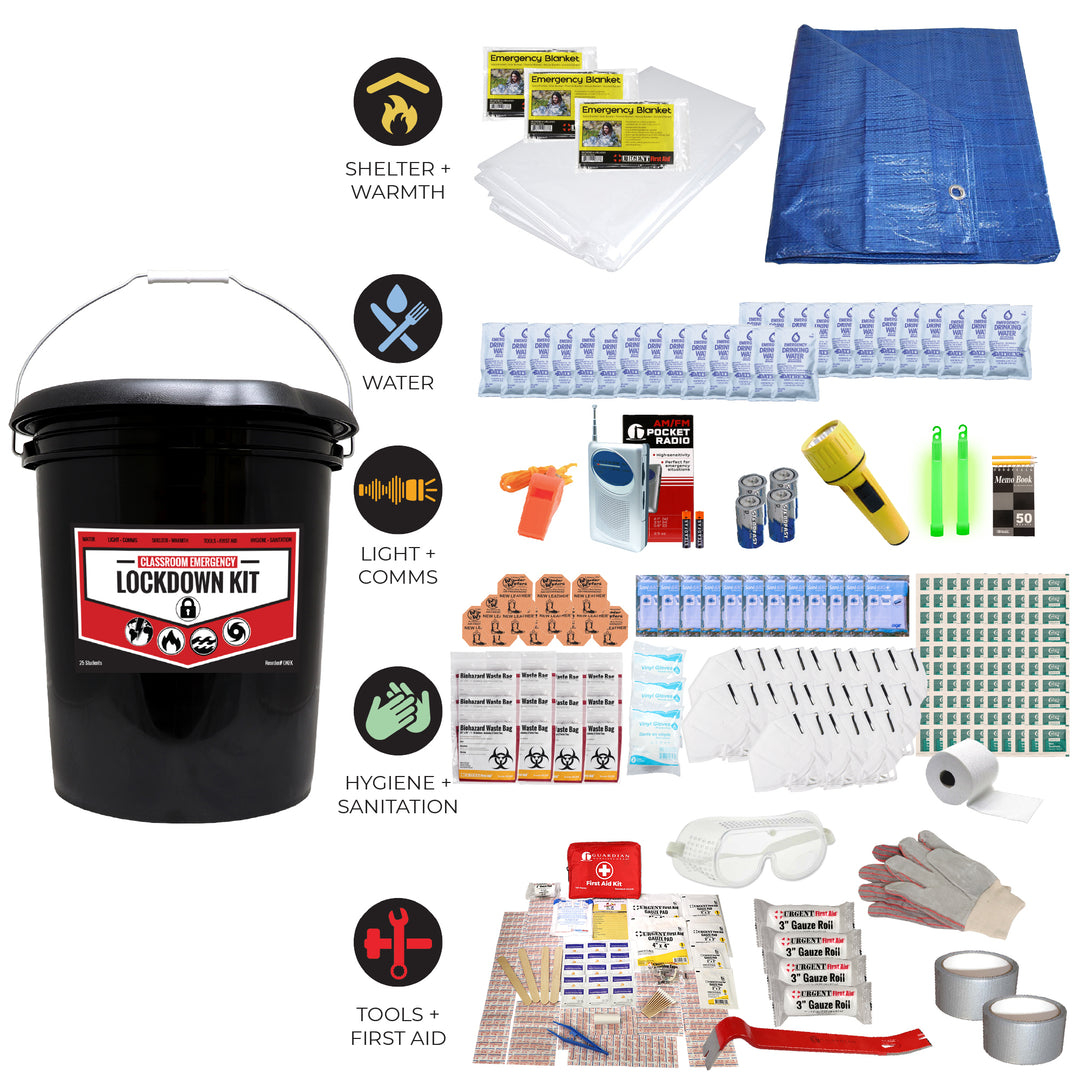25 student classroom lockdown kit for k-12 survival kit