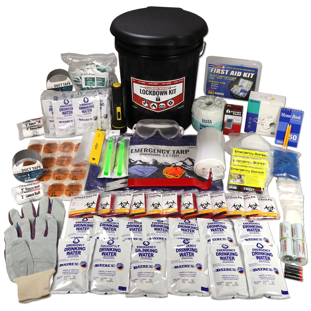 Emergency Student Classroom Emergency Lockdown Kit with water, first aid supplies, and other essentials displayed on a white background. Lockdown kit for teachers and students. 