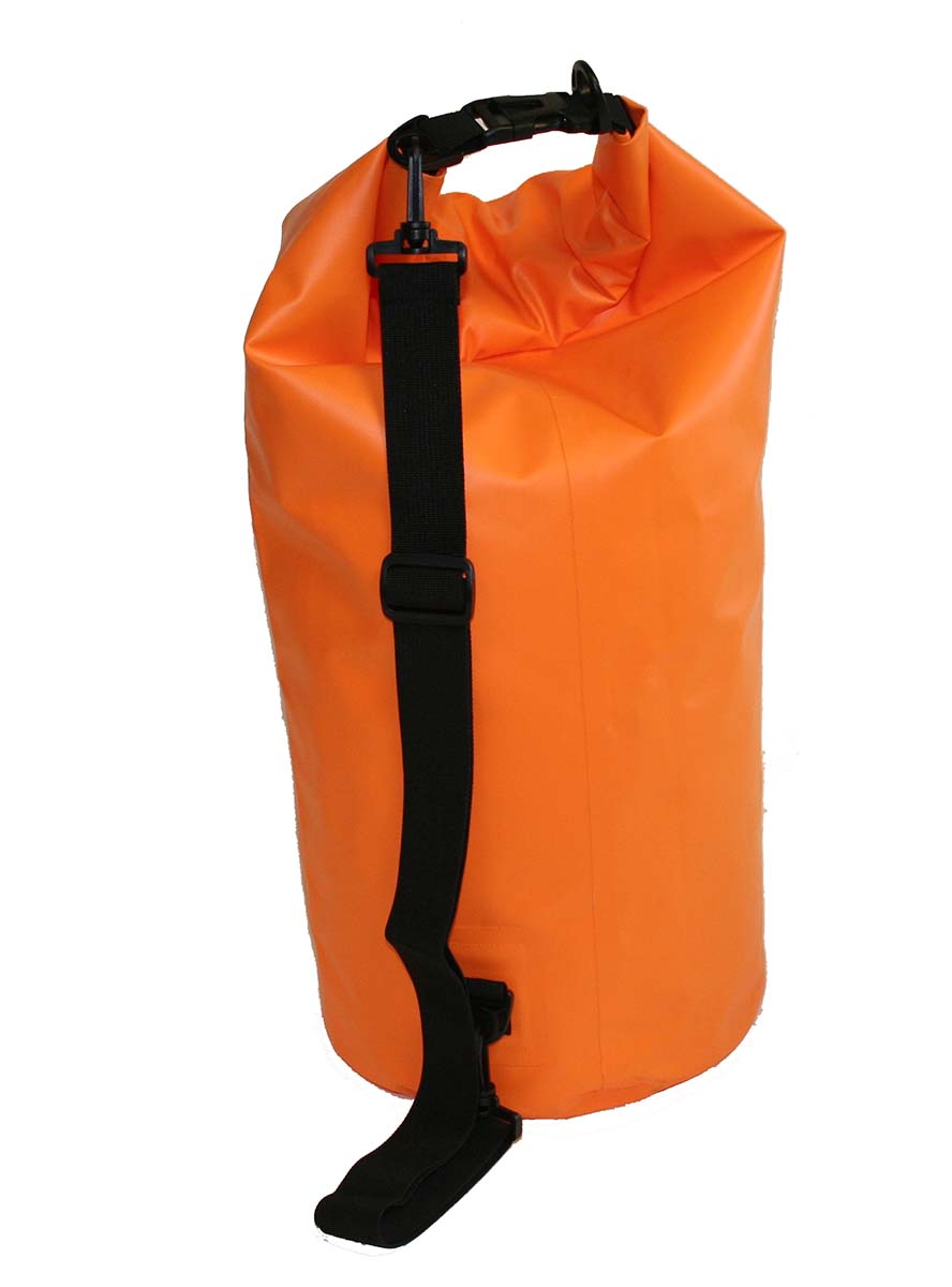 Bright orange emergency dry bag with adjustable strap. Can be sued as flotation device.