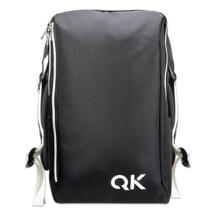 Black backpack with 'QK' logo on a white background