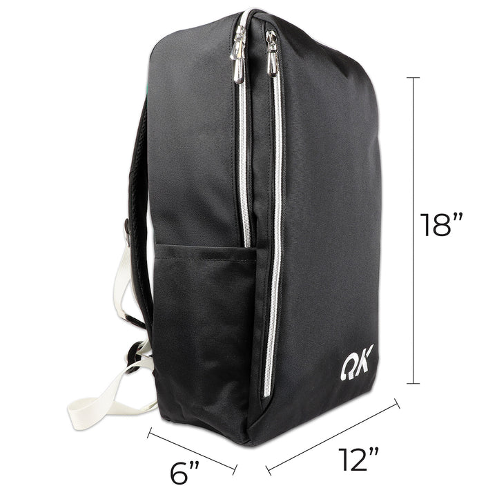 Black backpack with measurements on a white background
