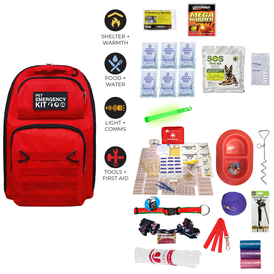 Red dog emergency kit with various supplies on a white background