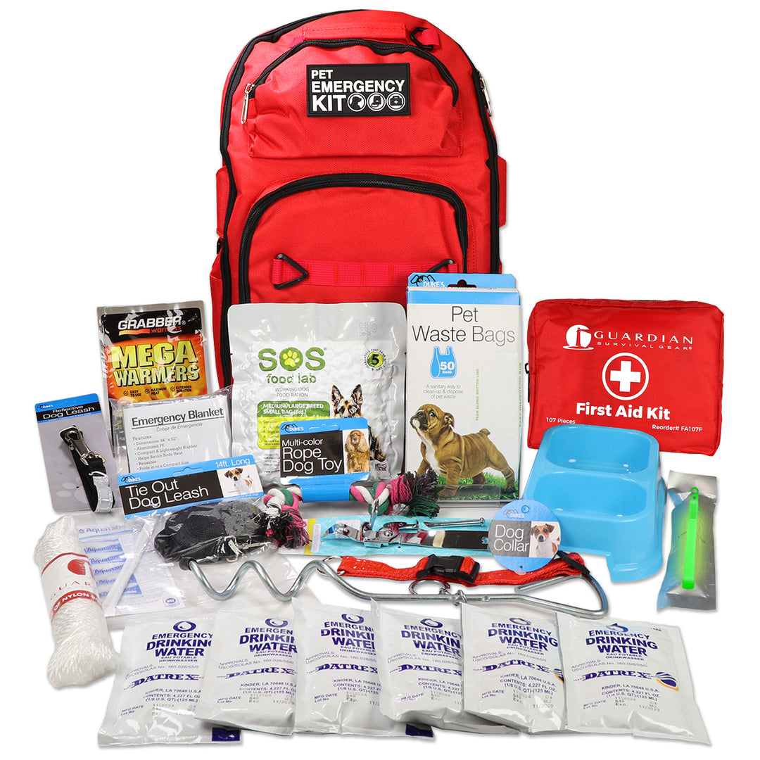 Dog emergency kit with various supplies including a red backpack, water packets, and first aid items on a white background.