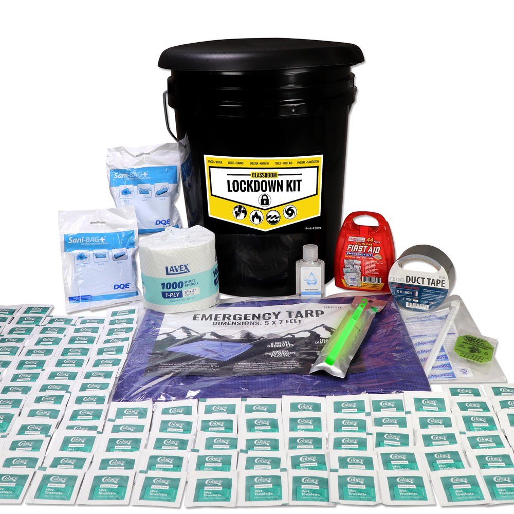 Lockdown kit with various supplies including a black bucket, first aid kit, and emergency tarp on a white background.