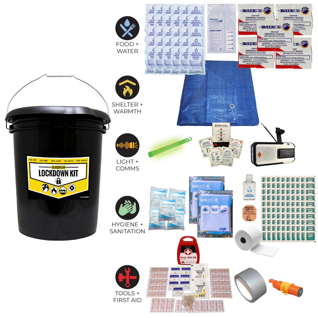 Student and teacher emergency classroom kit. Lockdown kit with NOAA weather radio with solar charging