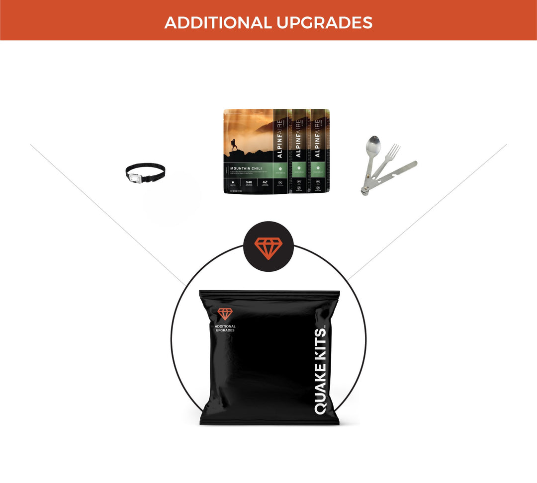 Emergency freeze dried cook in pouch meal kit with stainless steel utensils and headlamp.