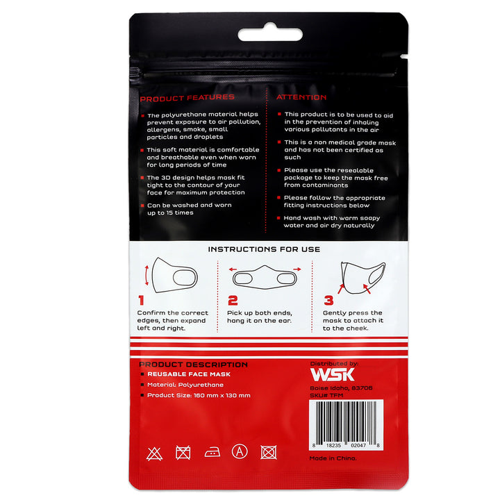 Back of packaging for Reusable PE face mask, showing product features and instructions for use.