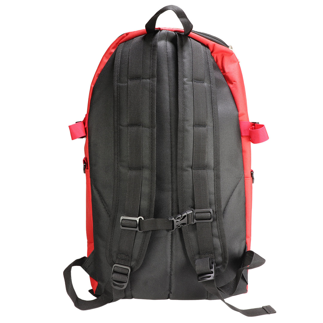 Rugged water resistant backpack in ready for anything red with adjustable back straps.