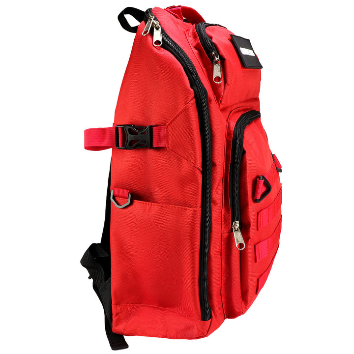 Quake Kits Molle style backpack with dual bottle holders and durable water resistant 600D polyester