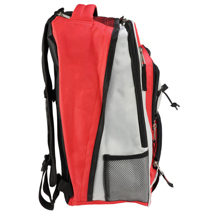 side profile for multi purpose hikers backpack in ready for anything red with water bottle holder