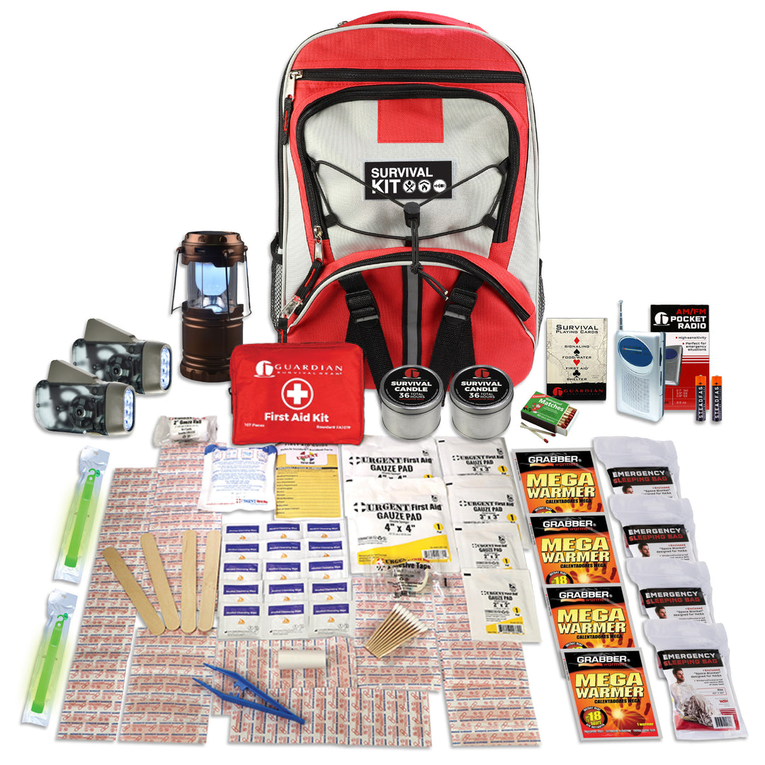 Family blackout survival kit for power outages. Includes emergency light sources during blackouts, urban unrest, civil disturbances or riots. 