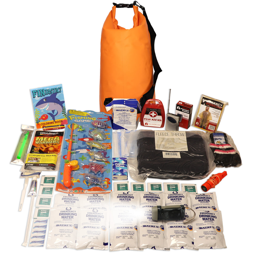 Children's survival kit in waterproof dry bag that doubles and life preserver