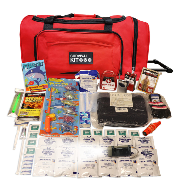 Kids survival kit in rolling wheel bag