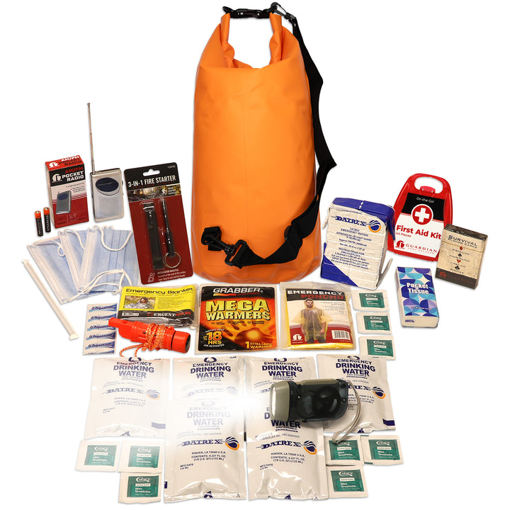 Waterproof survival kit with roll top orange dry bag