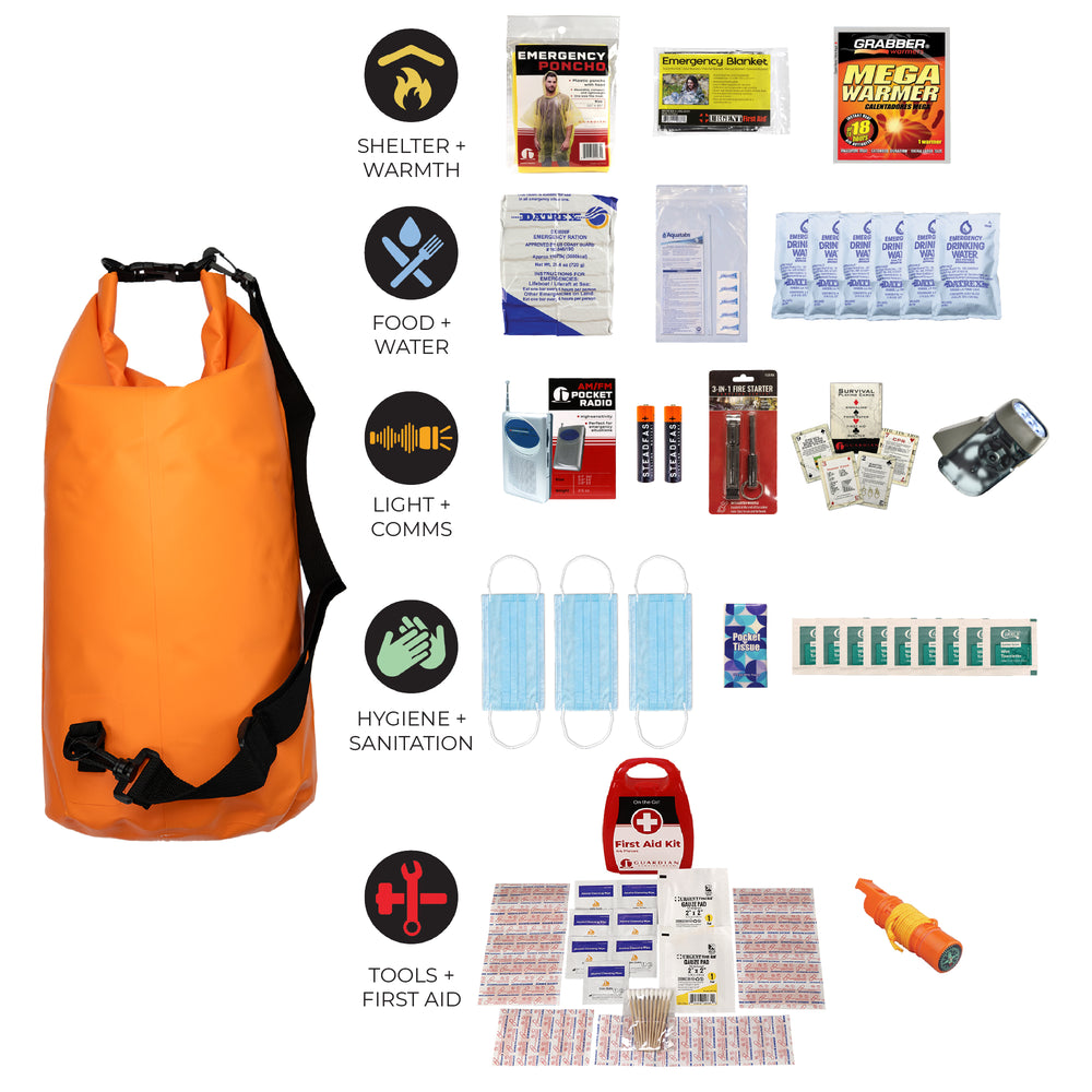 Waterproof survival kit in orange roll top dry bag