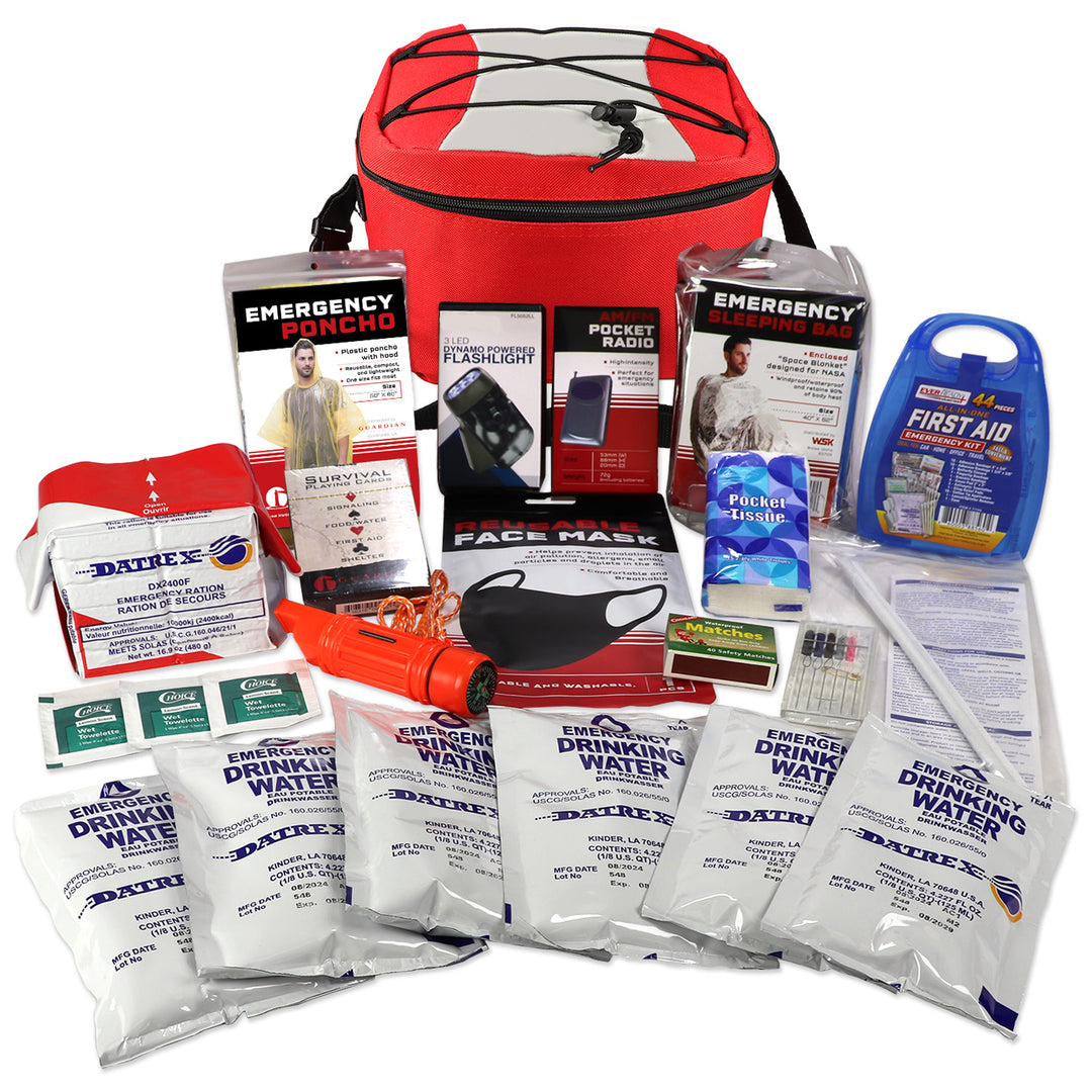 Emergency preparedness kit with red cooler, water packets, flashlight, and first aid supplies on a white background. Bug Out Pal