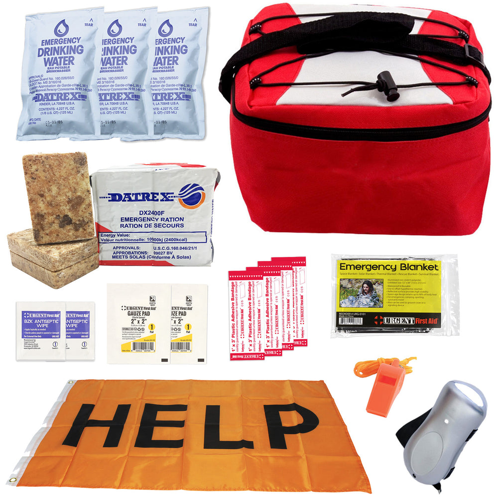 Emergency Commuter Kit portable survival kit for vehicles on a white background with awesome help flag