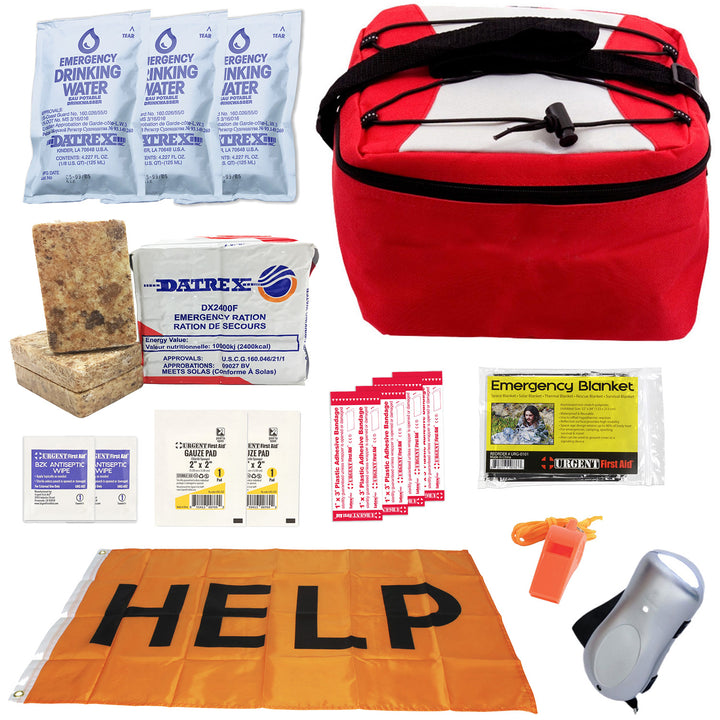 Emergency vehicle Commuter Kit portable survival kit for vehicles on a white background with awesome help flag