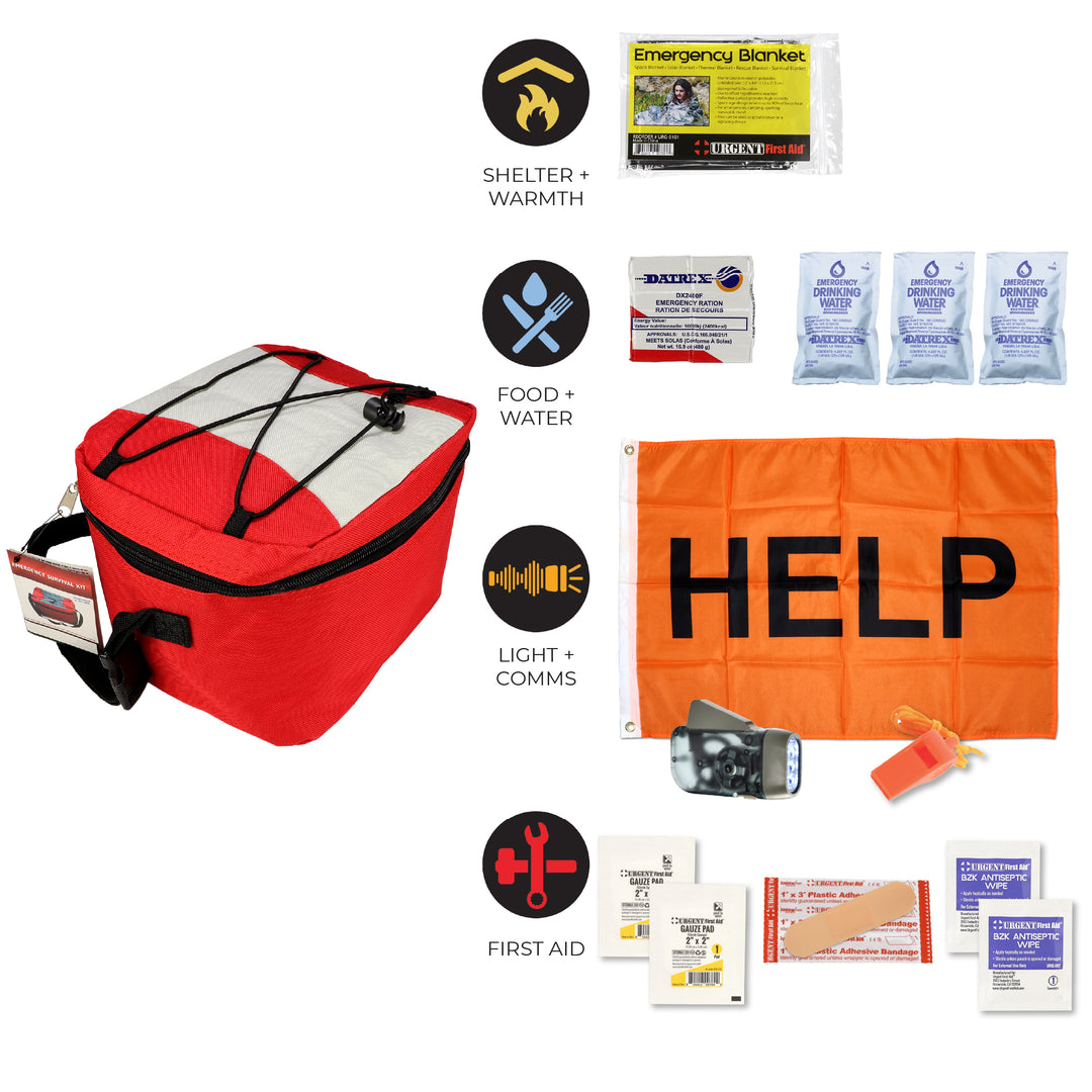 Emergency commuter kit with red bag, 'HELP' flag, and various supplies on a white background