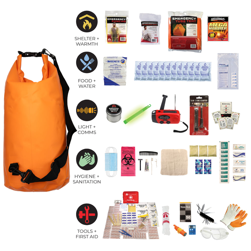 Elite waterproof orange dry bag survival kit with NOAA radio