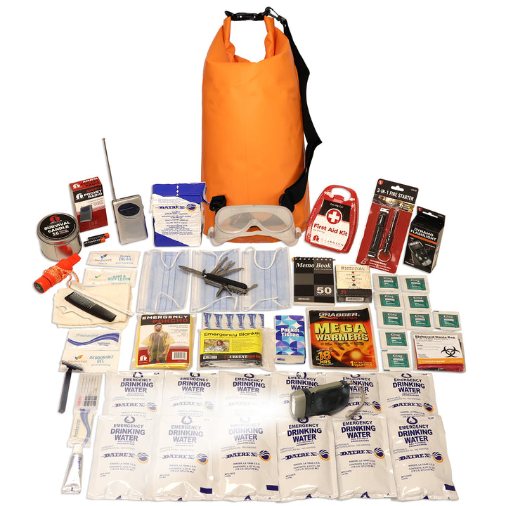 Emergency preparedness kit with various supplies including water, food, and first aid on a white background.