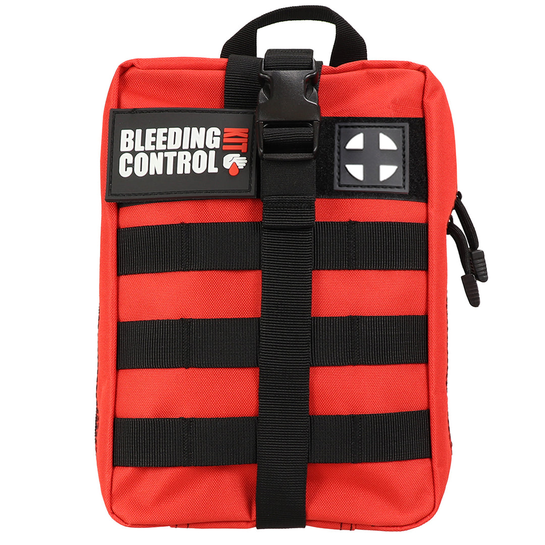 Individual Bleeding Control Kit in a red Molle bag with Bleeding Control label, designed for emergency use.