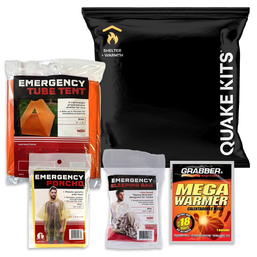 Shelter and warmth mini survival kit with tent, body warmer, mylar sleeping bag and emergency poncho