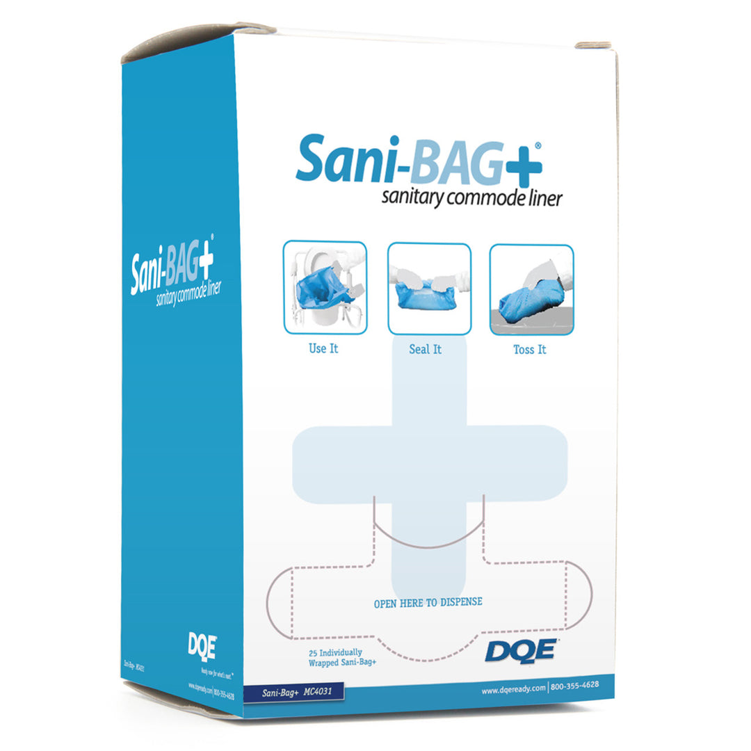 Box of Sani-BAG+ sanitary commode liner with blue and white design