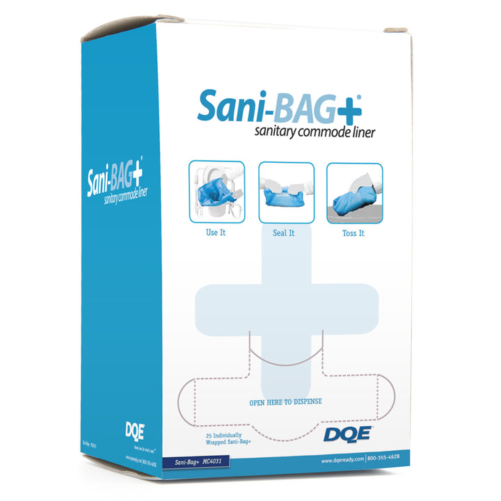 Box of Sani-BAG+ sanitary commode liner with blue and white design
