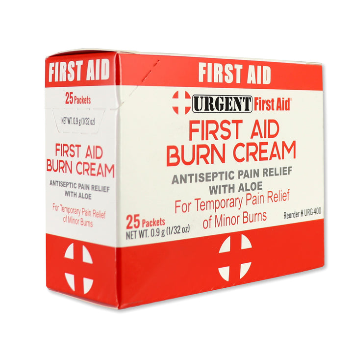 First Aid & Burn Cream .9gram package with 25 packets for pain relief and antiseptic protection.