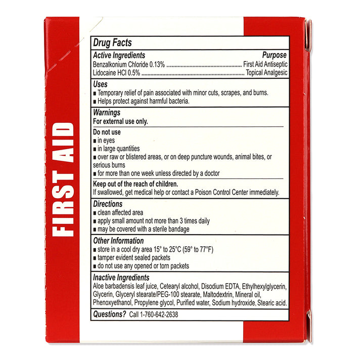 First Aid & Burn Cream box displaying drug facts, active ingredients, and usage information for emergency treatment.