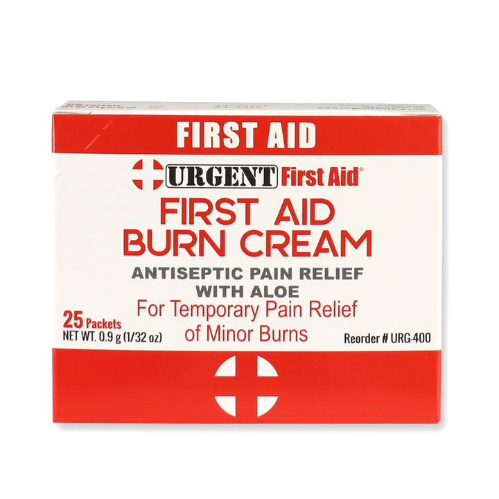 First Aid & Burn Cream .9gram box with 25 packets for temporary pain relief from minor burns and cuts.